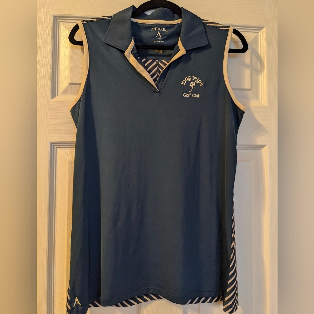 Antigua Blue Sleeveless Dos Rios Golf Shirt Stripe Back Women Size M